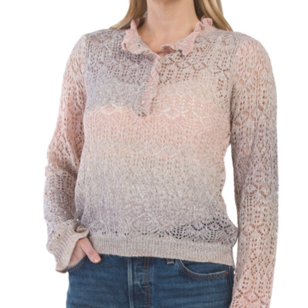 DEMOCRACY Long Sleeve Crochet Ruffl Sweater New With Tags $78 Retail